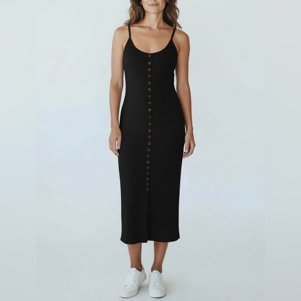 Vici Womens Black‎ Ribbed Button Front Midi Tank Dress Large NWOT